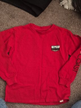 Red Long-Sleeve Kids Tee with Mountain Patch